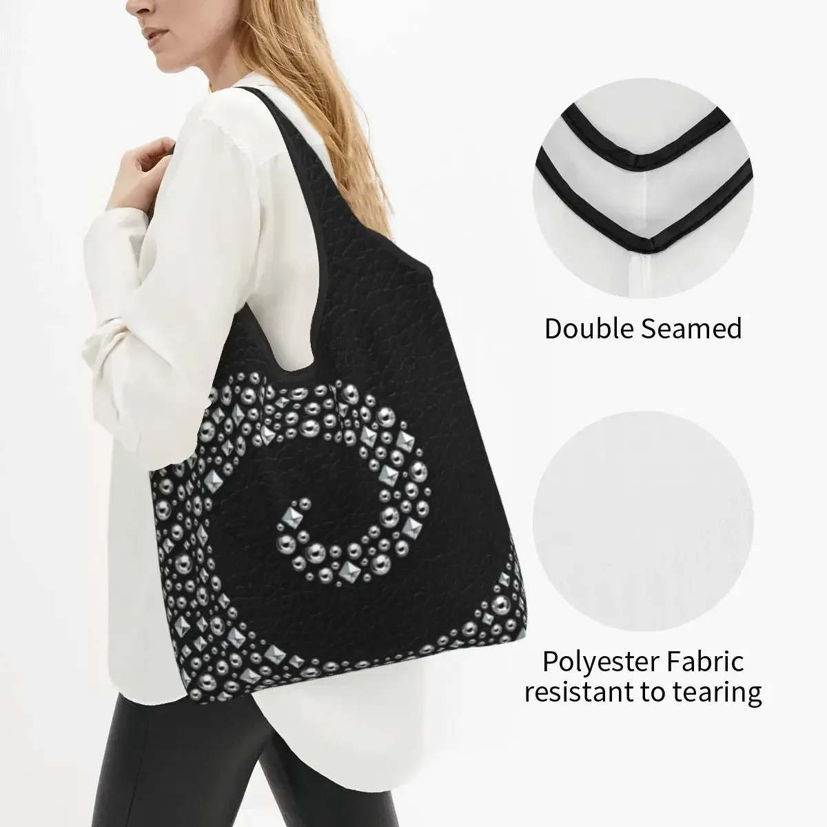 Black Leather With Silver Stud Swirl Groceries Tote Shopping Bag Kawaii Textures Shopper Shoulder Bag Large Capacity Handbag