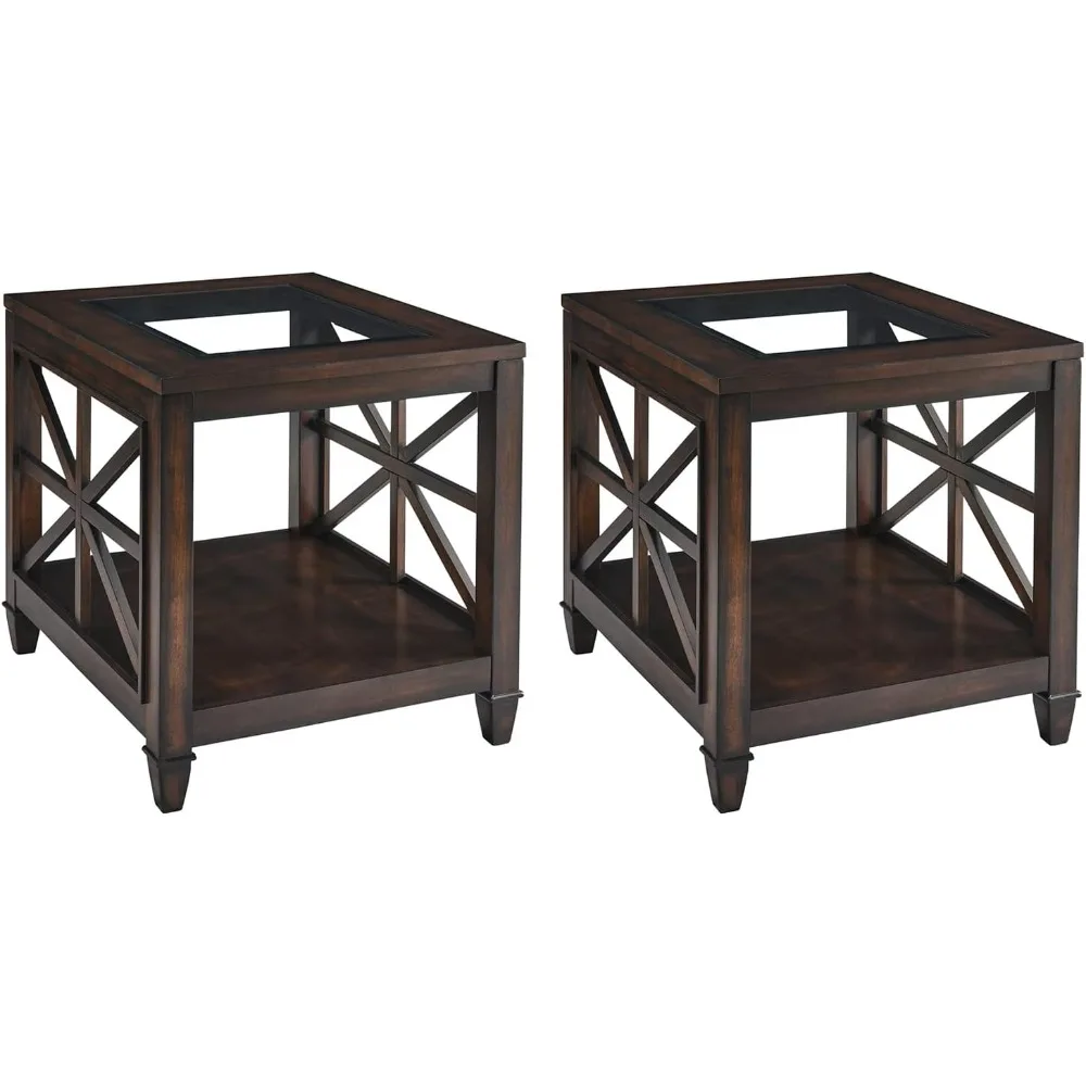 

«Набор из 1-2 торцевых столиков для фермерского дома» — массив дерева со столешницей из закаленного стекла, 28 x 24 дюйма для гостиной/кафейны