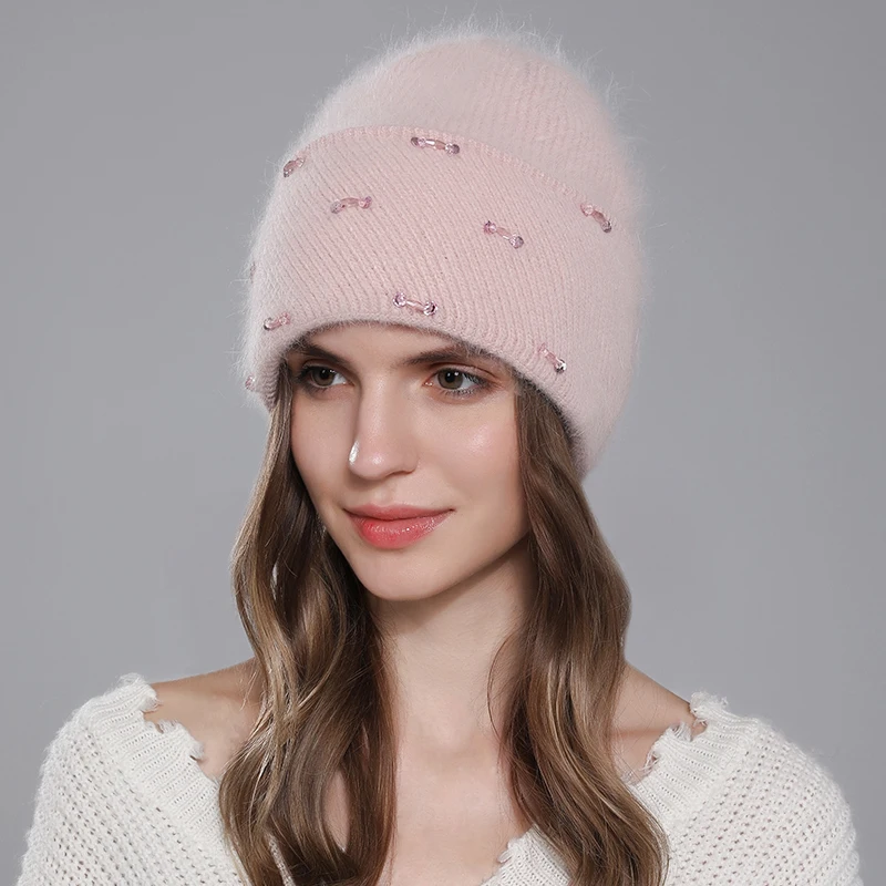 CNTANG New Hat For Women Winter Knitted Angora Rabbit Fur Beanie Fashion With Rhinestone Warm Hats Female Luxury Brand Cap y2k