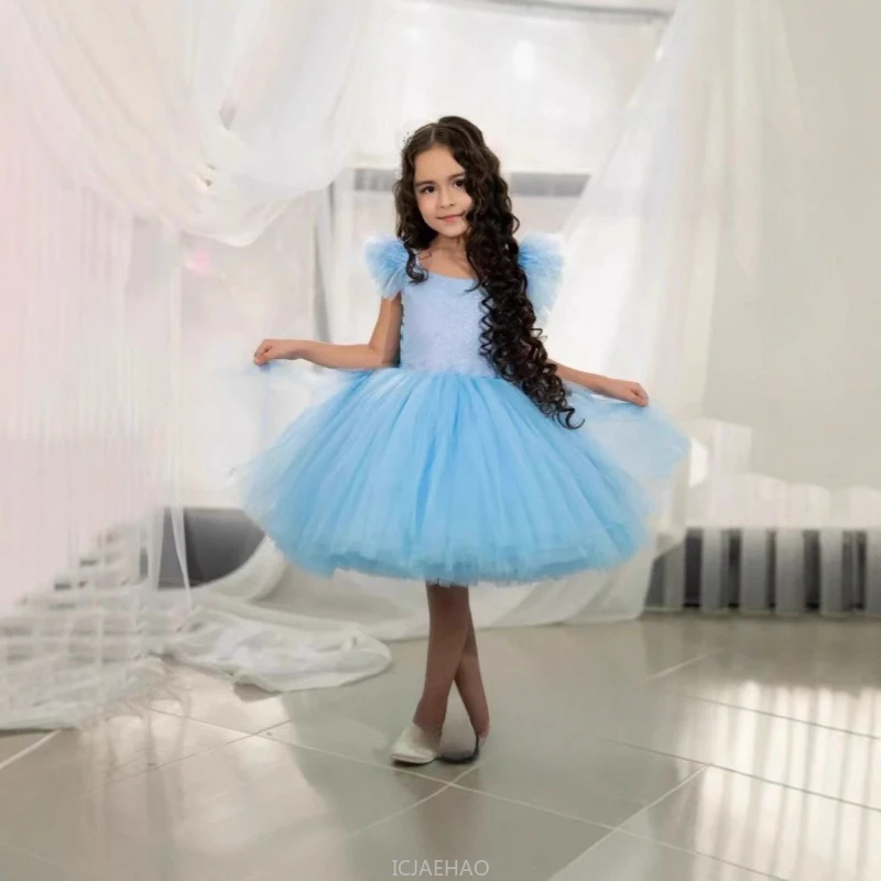 Birthday Child Dress Party Children Pink Sleeveless Flower Girl Dresses With Train Pageant Host Tutu Gown Kids Wedding Outfit