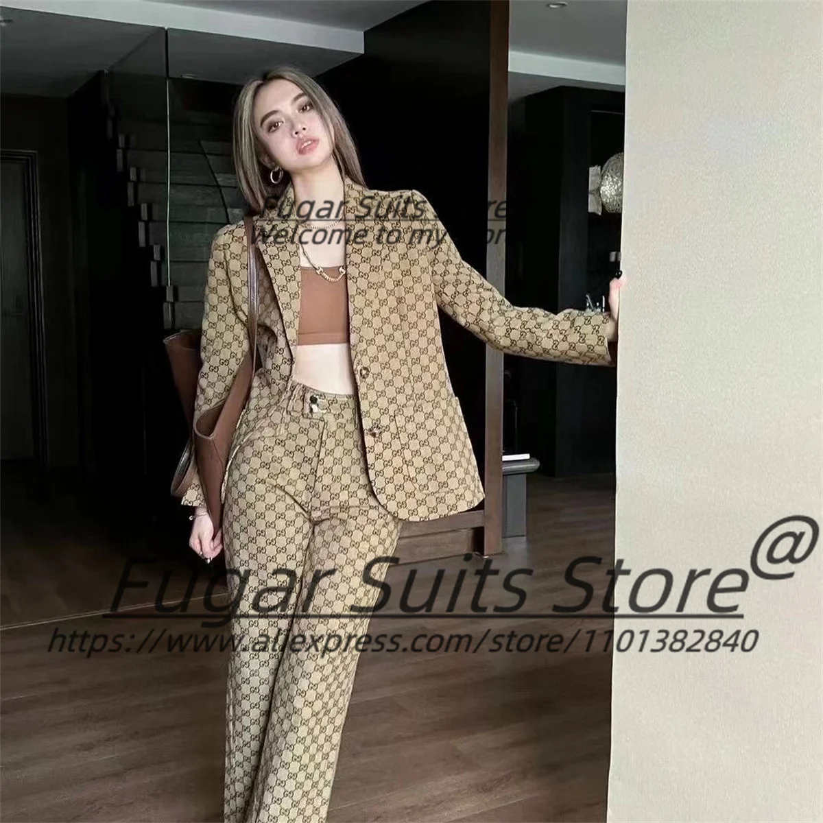 High-end Brown Elegant Business Suits For Women Slim Fit Notched Lapel Prom Party 2 Pcs Sets Elegant Male Blazers Costume Homme