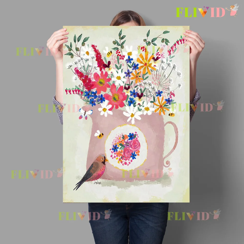 Vintage Style Floral Still Life Poster Wall Art Canvas Painting Vases, Hummingbirds Home Decor For Living Room Unframed