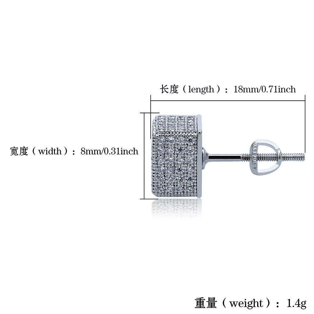 TOPGRILLZ Gold Silver Color Iced Out Cubic Zircon 8mm Square Stud Earring Men Women Trend Jewelry Gifts With Screw Back Buckle