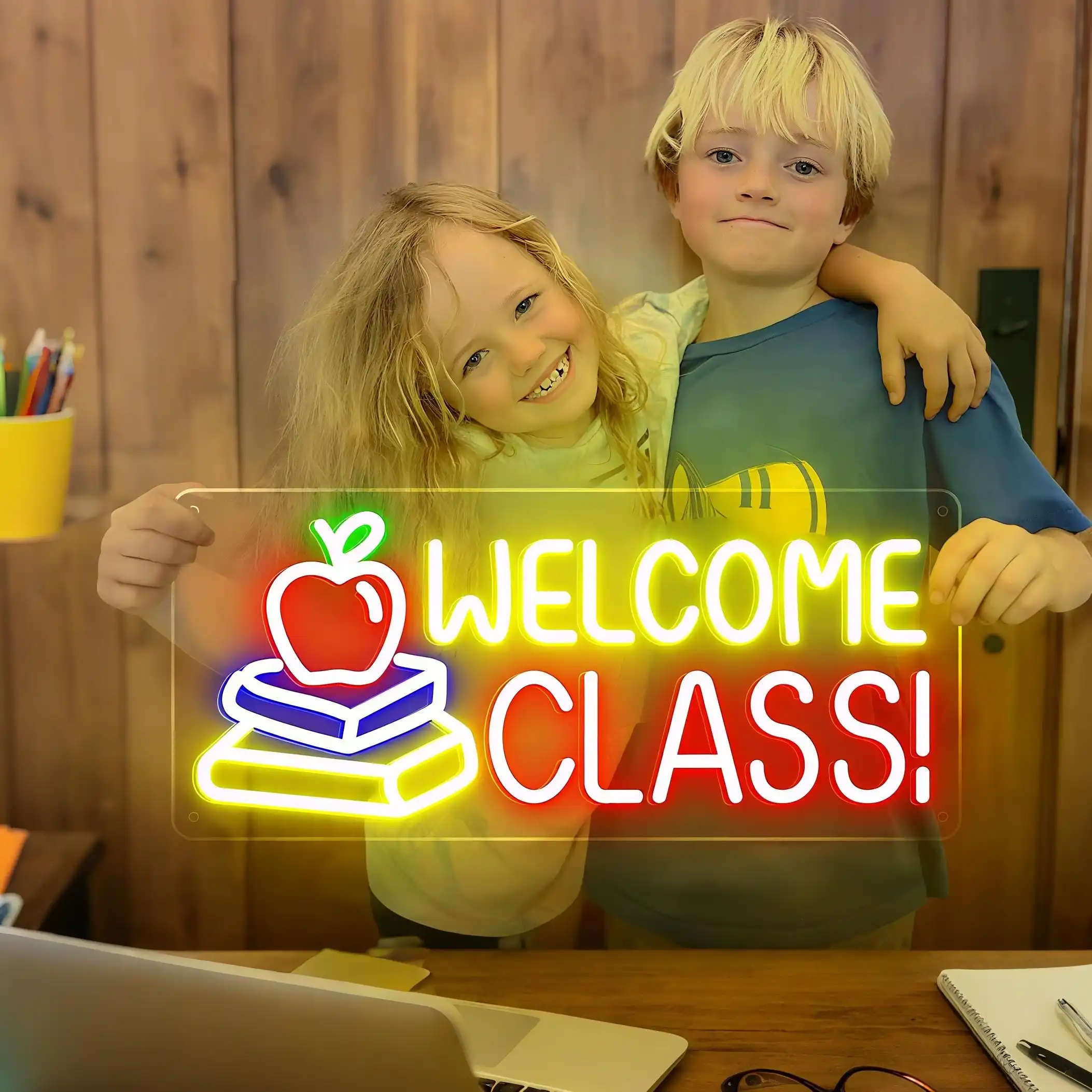 

Welcome Class Neon Sign Back to School Personalized Gift Custom Classroom Wall Hanging Decor Teacher Gift Apple Book Sign
