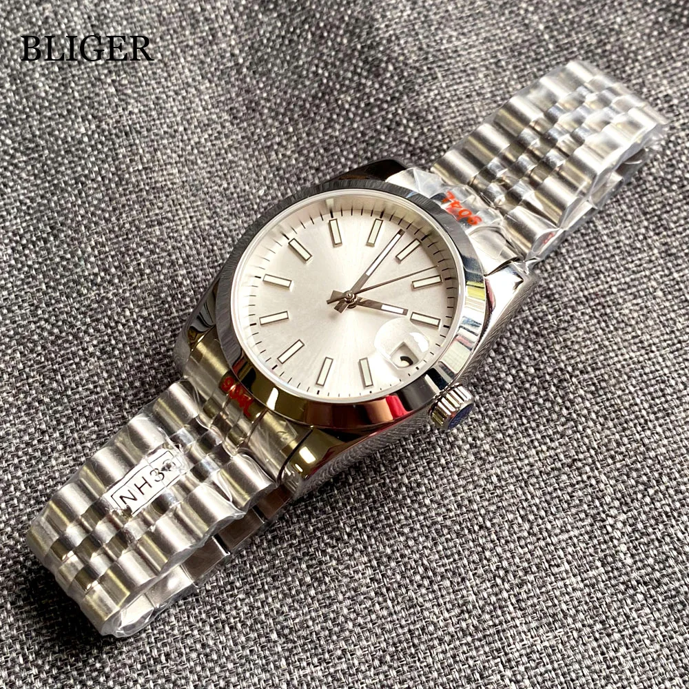 BLIGER 36mm NH35A Polished Case Automatic Watch Men Jubilee Strap Sapphire Glass Luminous Silver Dial Baton Index