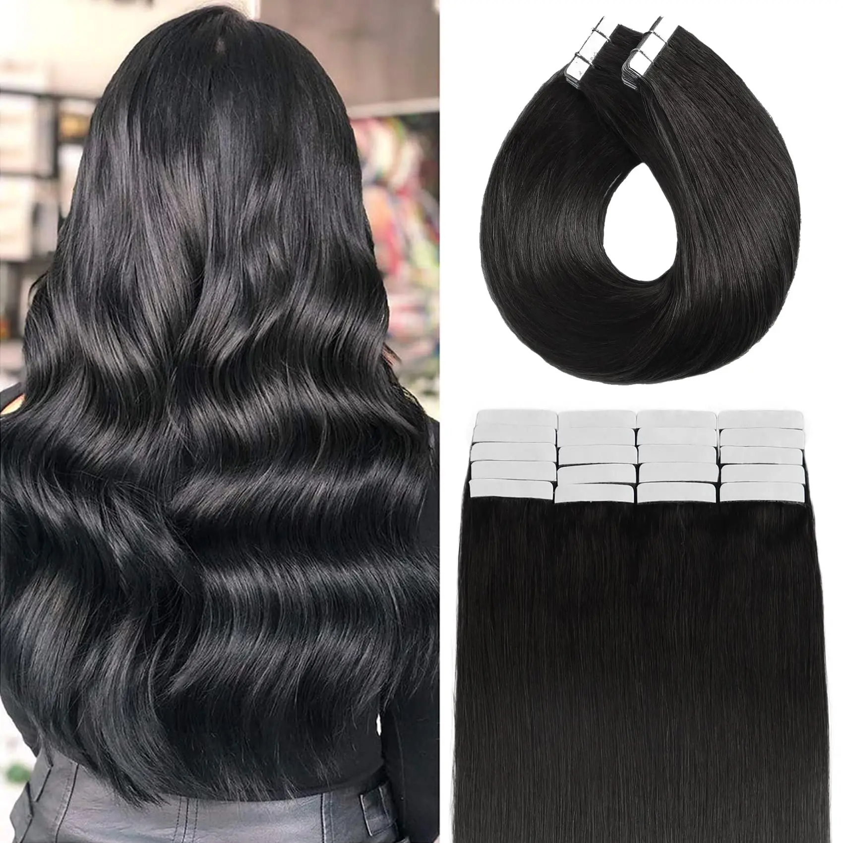 

Natural Black 1B 100% Human Hair Tape In Extensions 20 Strips Remy Hair Weft Double Sided Skin Weft For Volume And Length 18-28