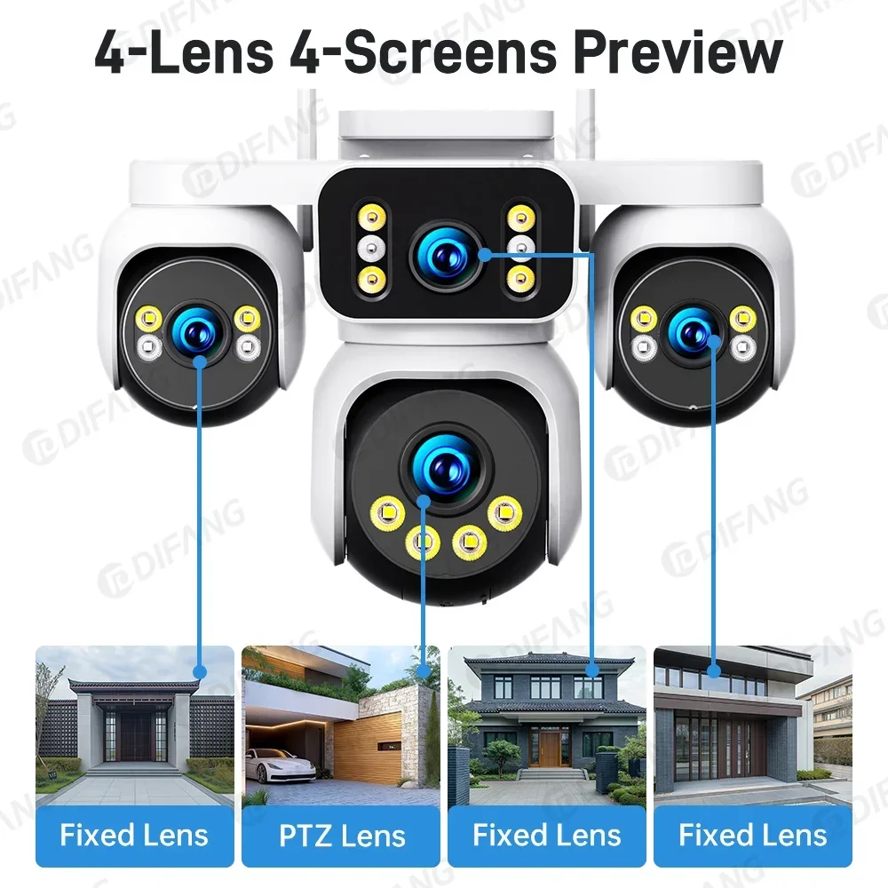 كاميرا DIFANG 20MP 4 شاشات أمنية WiFi 16X تكبير وتتبع تلقائي CCTV 10K كاميرا IP للمراقبة اللاسلكية في الهواء الطلق