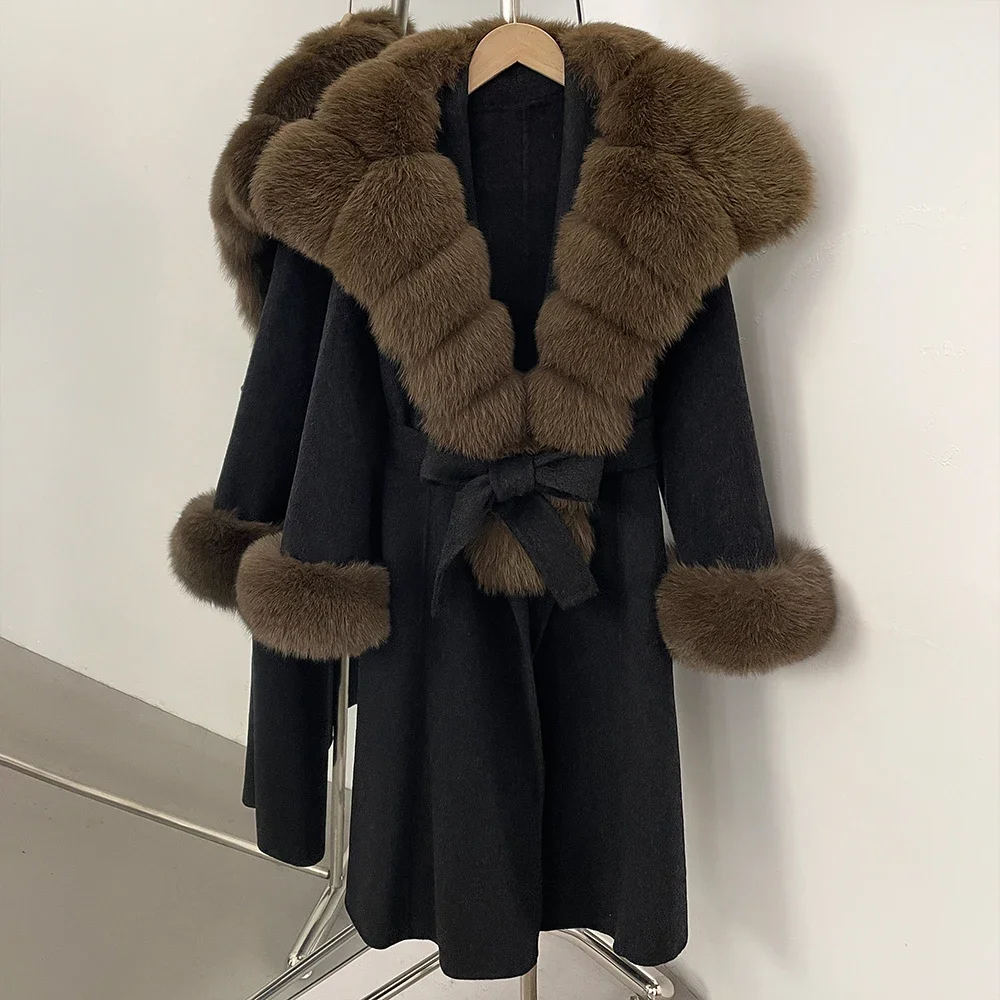 معطف صوف 100% من فرو الثعلب الحقيقي دافئ للنساء جديد للخريف والشتاء معطف فرو واقعي ملابس صوفية للسيدات بأكمام طويلة سترة صوفية طويلة