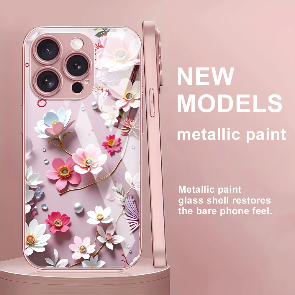 Tempered Glass Multicolored Flowers Phone Case For iPhone 17 Pro Max 16 17 15 14 13 12 11 14 ProMax Case Cover Shockproof Luxury