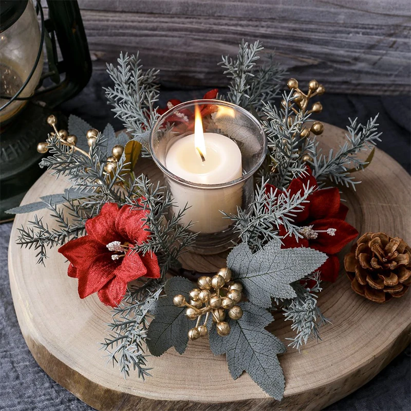 Christmas Candlestick Wreath Fake Flower Berry Garland Candle Holder Wedding Party New Year Home Table Centerpiece Decoration