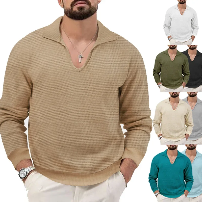 New Men's Fall Long-sleeved Top Multicolor Versatile Pullover Shirt Casual Breathable V-neck Loose Temperament Men Clothing