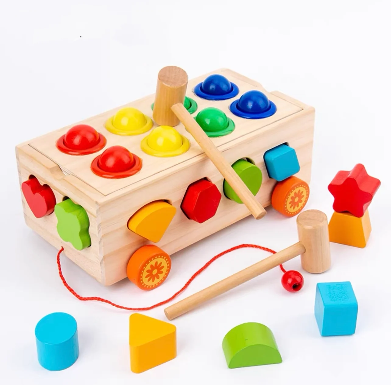 Juego de juguetes para martillar de madera 2 en 1 con banco, juguetes educativos a juego de cognición con forma de Color de remolque