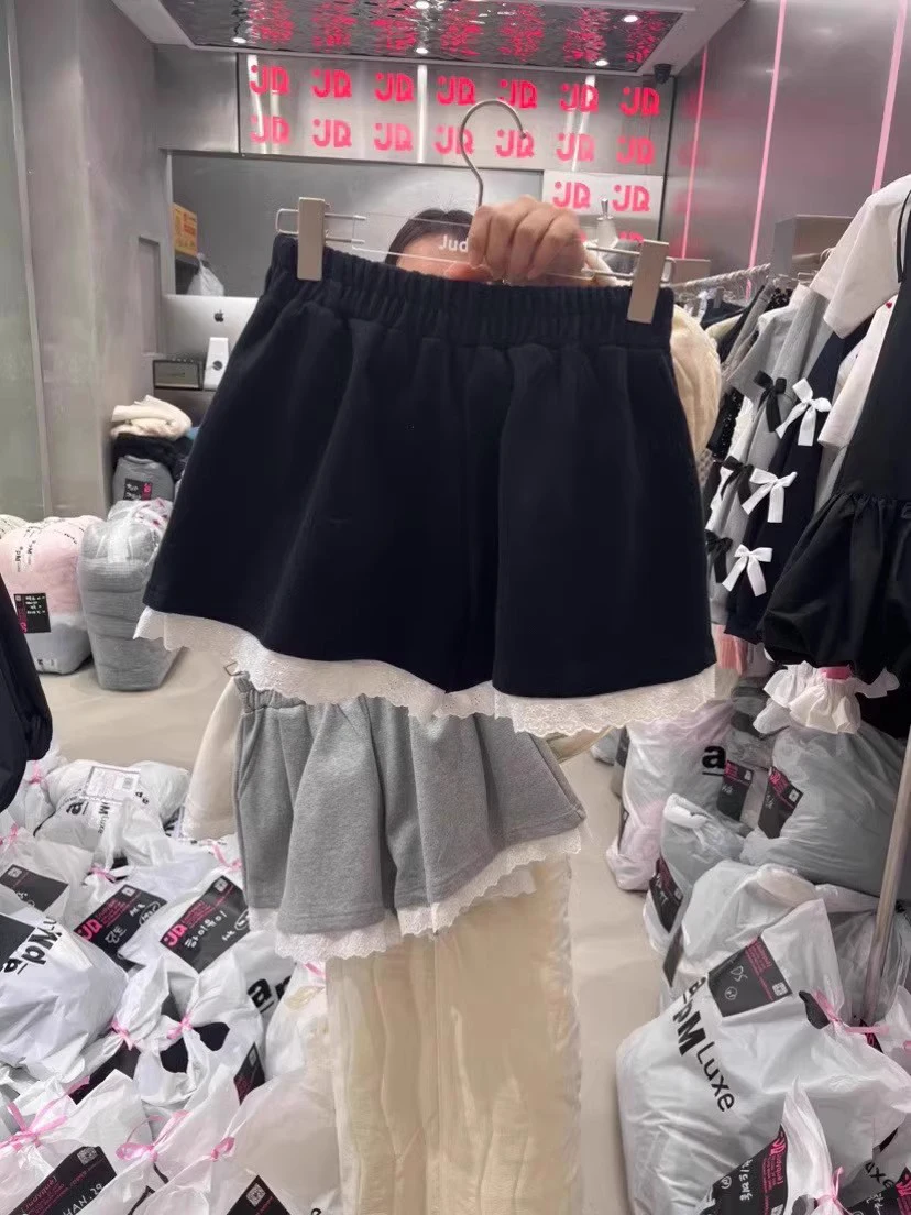 Lace Trim Casual Pants Women\'s Slimming Elastic Waist Loose Wide Leg Pants Outdoor Wear Short Pants High Waist Straight Leg