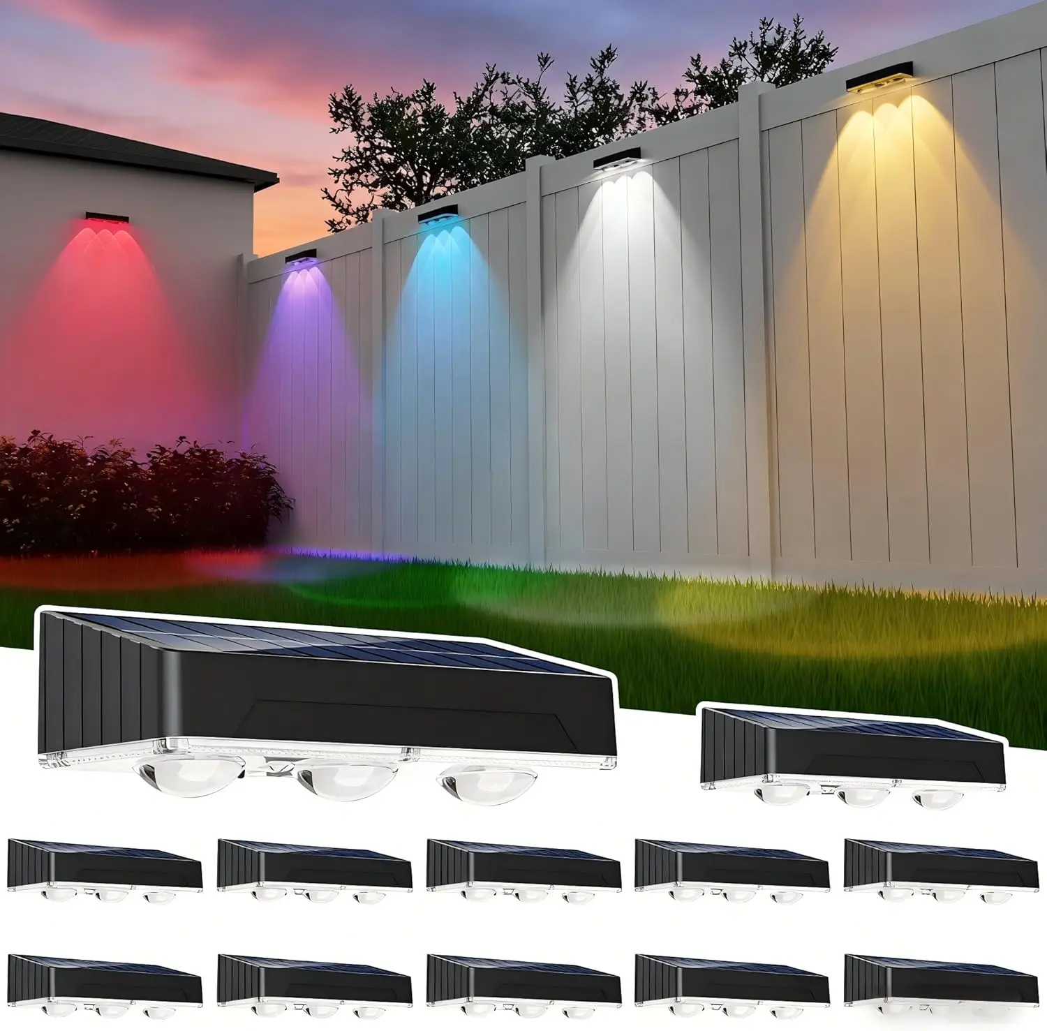 

Solar Fence Lights 12pack, High Brightness LED Spot Lens Deck Lights 10 Mode RGB Solar Powered Wall Lighting for Outside Wall