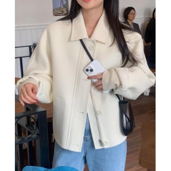 

Women's Woolen Jaet Zipper Casual Sle Turn-down Collar Loose Fit Versatile ort Length Autumn Winter Faion Commute