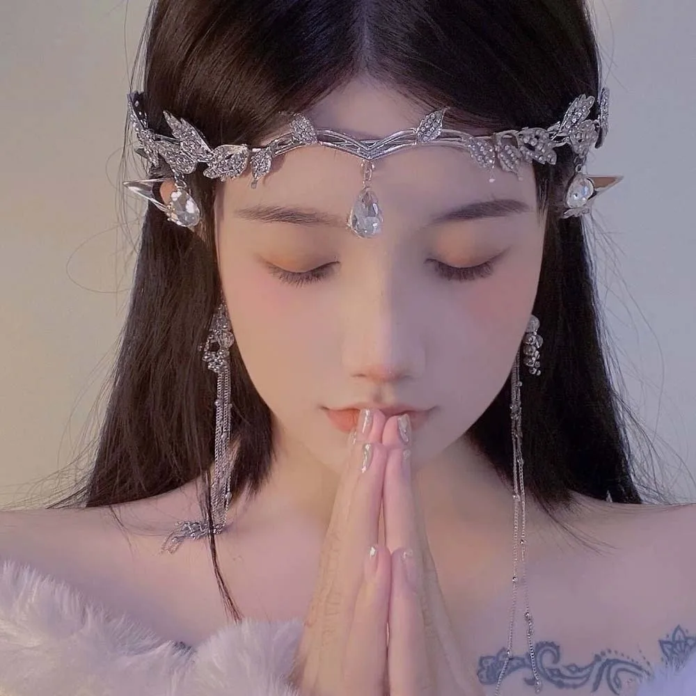 Golden Elegant Elf Rhinestone Headband Exquisite Alloy Crystal Forehead Accessory Hairband Headwear Bride Shiny Hair Hoop Women