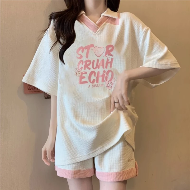 Summer Sweet Short Sets Women Letter Print Short-sleeved T-shirt + High Waist Thin Wide Leg Shorts 2 Piece Set Womens Outfits