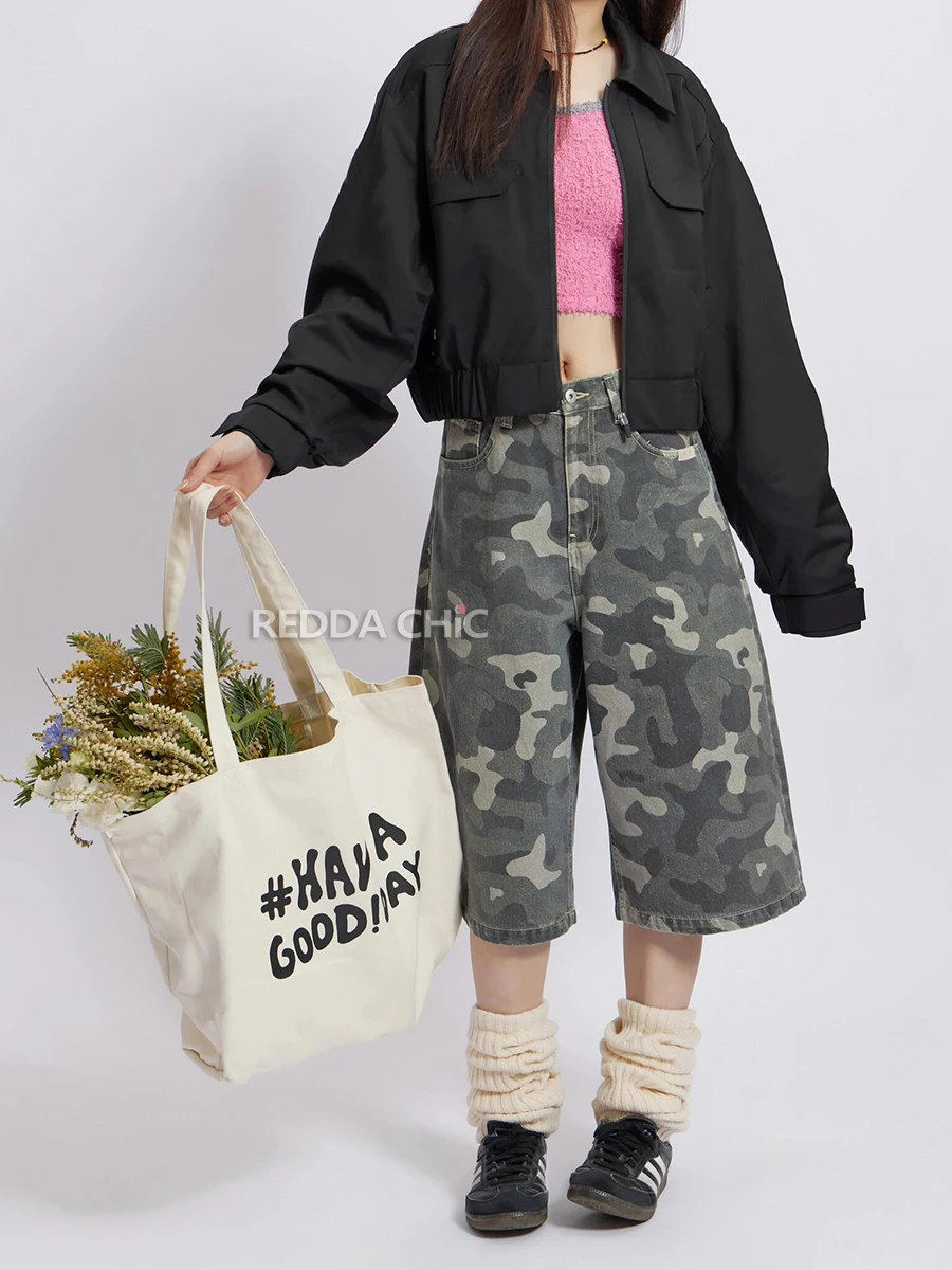 REDDACHiC Hiphop donna Camouflage Print larghi jords pantaloncini di jeans larghi casuali pantaloni a gamba larga a vita alta Skater vestiti Vintage