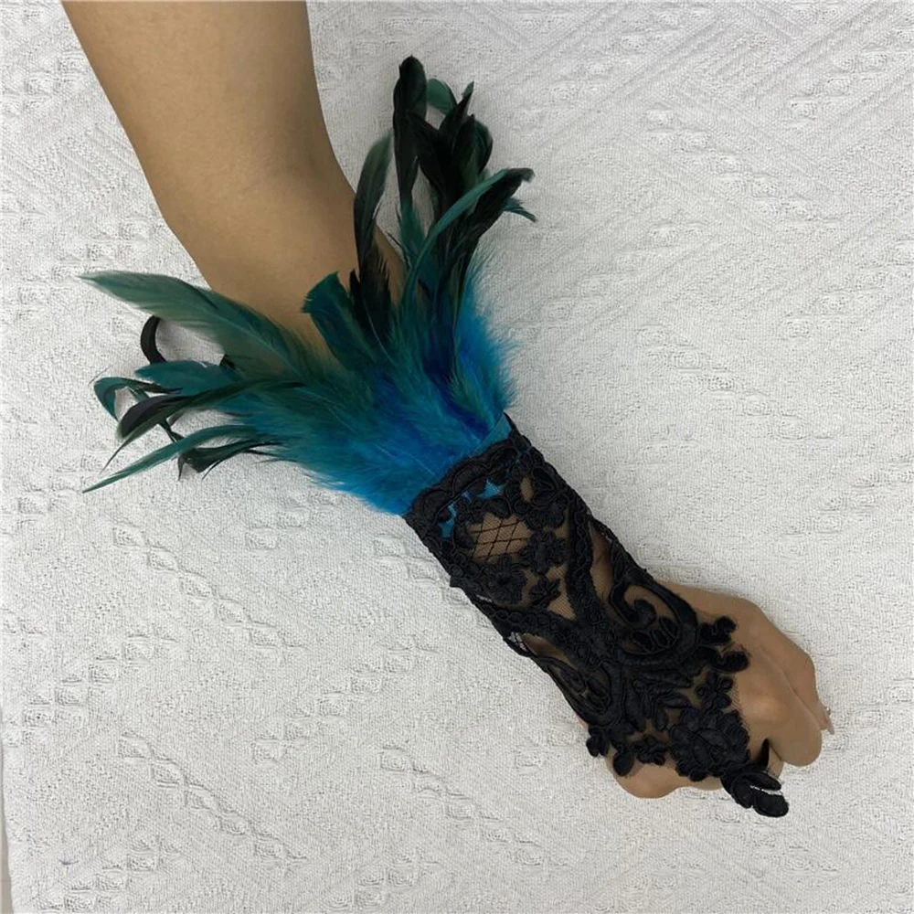 Mesh Gloves Women Halloween Lolita Cosplay Y2k Feather Cuffs Fingerless Mittens Lace Black Long Rave Accessories Feather Dance