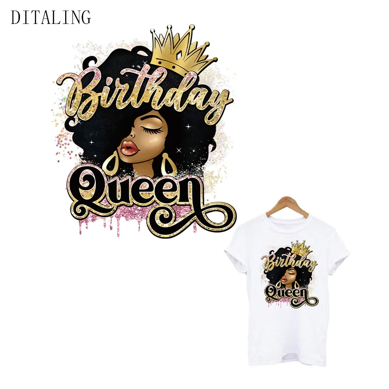 Birthday Queen Patch For Clothing DIY Washable Afro Women T-Shirt Thermal Sticker Heat Transfer Patch For Clothes Iron On Decals