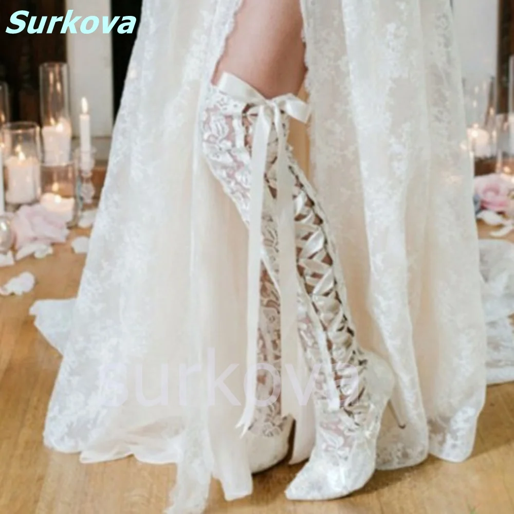 Lace Wedding Boots Over The Knee Pointed Toe Cross Strap Thin High Heels Summer Fashion Sexy Beautiful Women Shoes High Quality