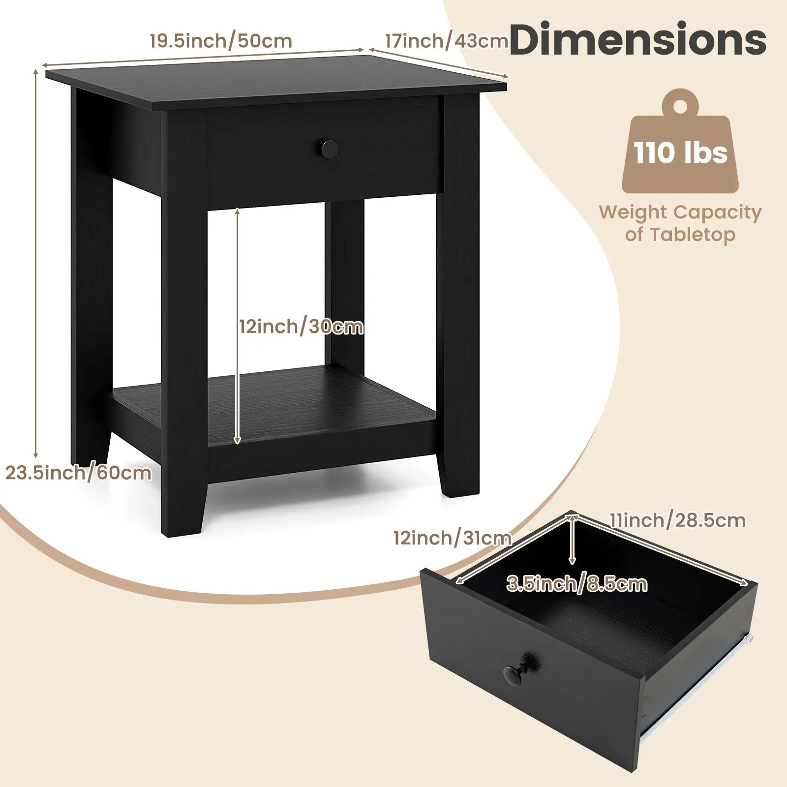 

Тумбочки прикроватные 3-уровневые с выдвижными ящиками, комплект из 2 штук, деревянные приставные столики для дивана с местом для хранения, современные прикроватные тумбочки с открытой полкой, черные
