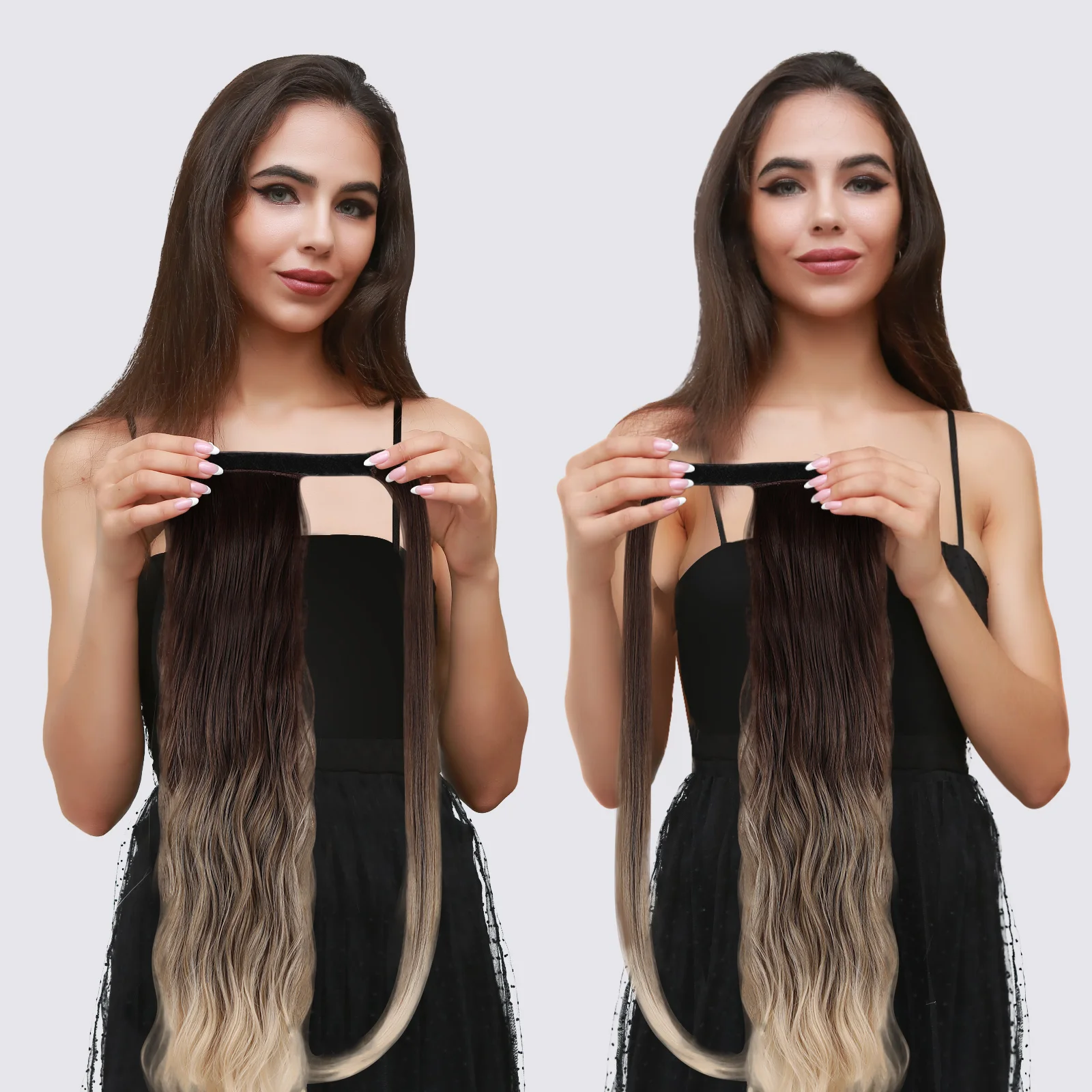 Long Wavy Ponytail Blonde Brown Ombre PonyTail Wrap Around Clip in Hair Extensions Hairpiece for Black Women Afro Heat Resistant