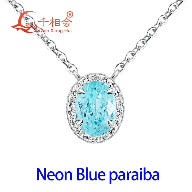 6x8mm 8x10mm oval S925 Sterling Silver YAG Created Neon Blue/Green Paraiba with Moissanite Halo Pendant Necklace Jewelry Women