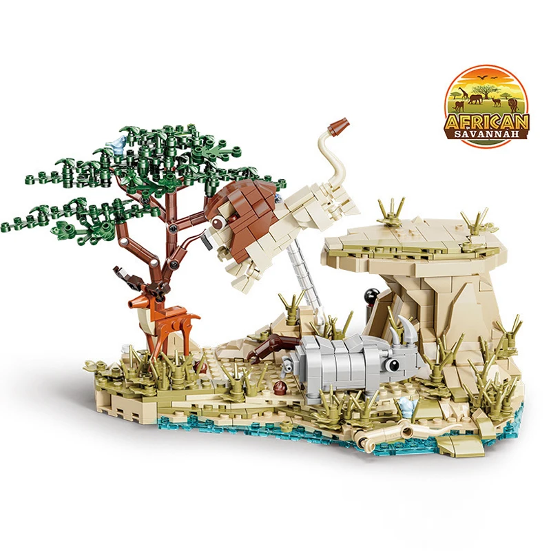 MOC Creative Expert African Grassland Building Blocks Cute Animal Lion Rhino Deer Zoo  Model Bricks Gift Toys for Adults Kids