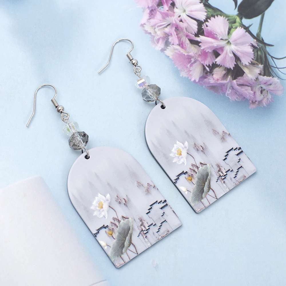 Fashion Ink Painting Lotus Flower Gray Acrylic Elegant Earrings For Women Paired With Shiny Glass Vacation Style Girls Jewelry