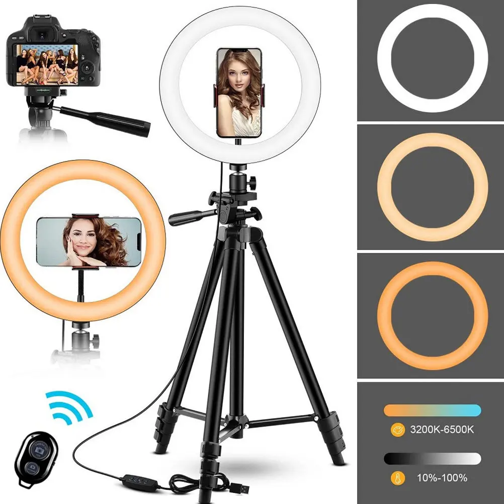 

1Set LED Ring Light Universal Black Round Lamp for Video Makeup Photography Adjustable Angle Tripod