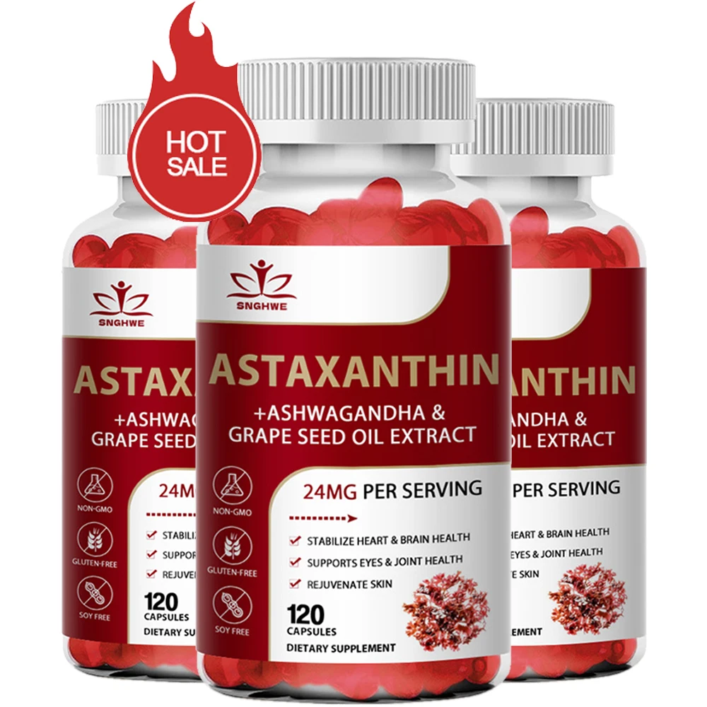 120pcs Astaxanthin Supplement with Grapeseed Oil, Ashwagandha Extract,Support Eye, Skin, Joint,And Immune System Health Capsules