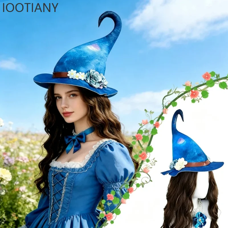 Blue Flower Curved Witch Hat Vintage Women Fairy Wizard Festival Elegant Hats Halloween Themed Party Elf Cosplay Headpiece 2026