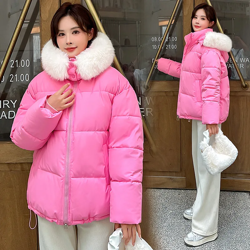 Women\'s Padded Hooded Short Jacket, Casual Glossy Coat, Warm Cotton Parkas, Fur Collar, Thick, Solid, Winter