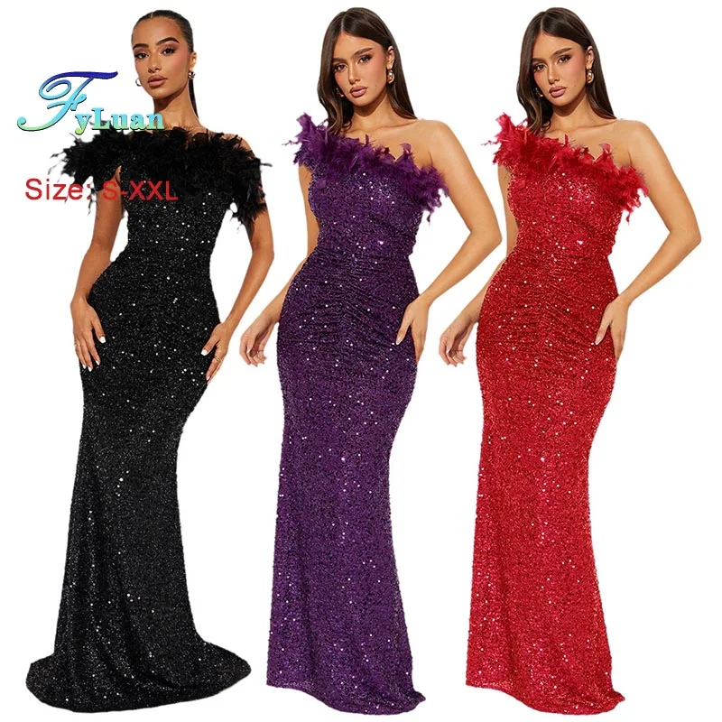 جديد أزياء المرأة فستان طويل بلون الترتر ريشة الربط Bodycon اللباس مثير مساء حفلة موسيقية الملابس يميل فستان بكتف