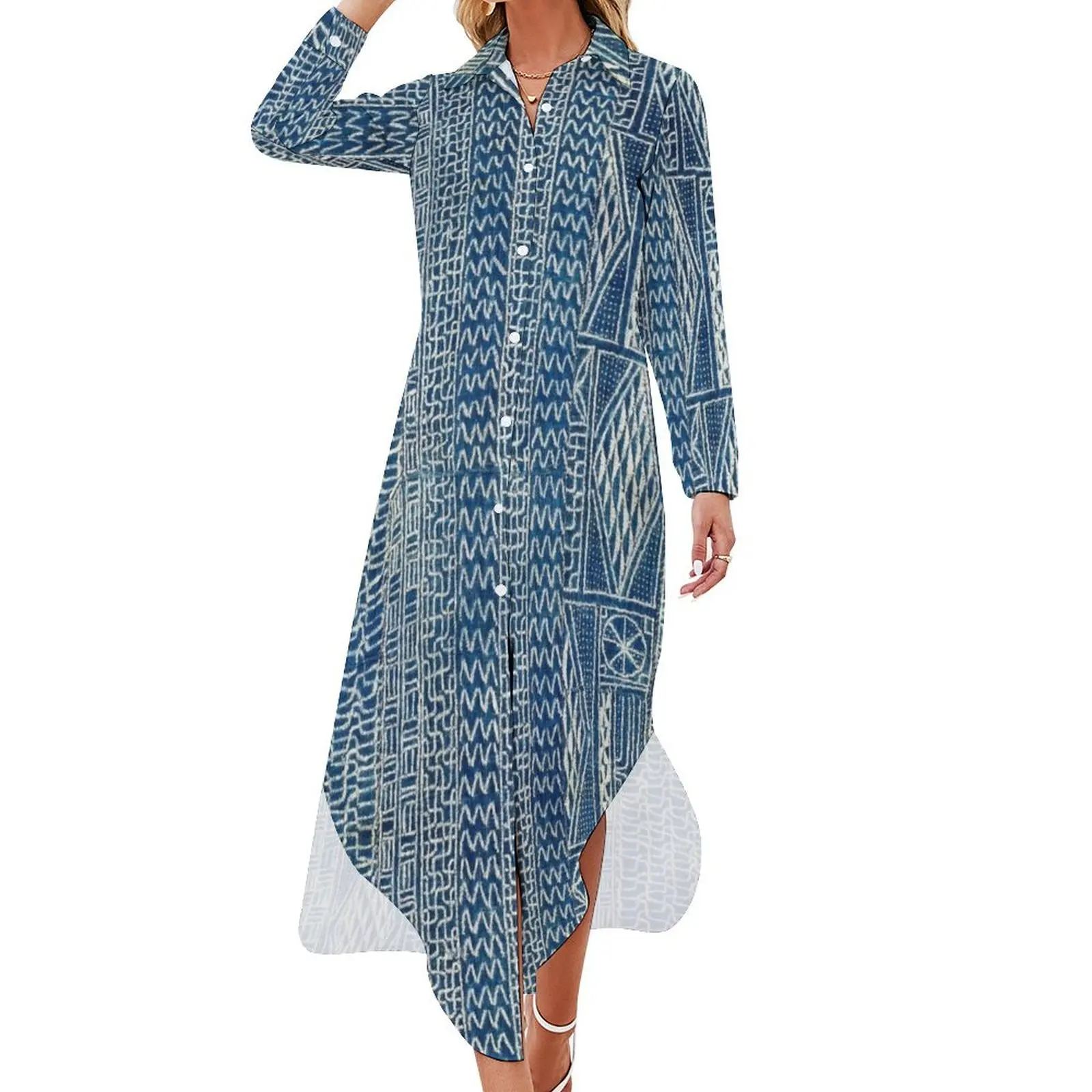 

Ndop Cameroon West African Textile Print Long Sleeved Shirt Dress evening dresses ladies women's summer jumpsuit