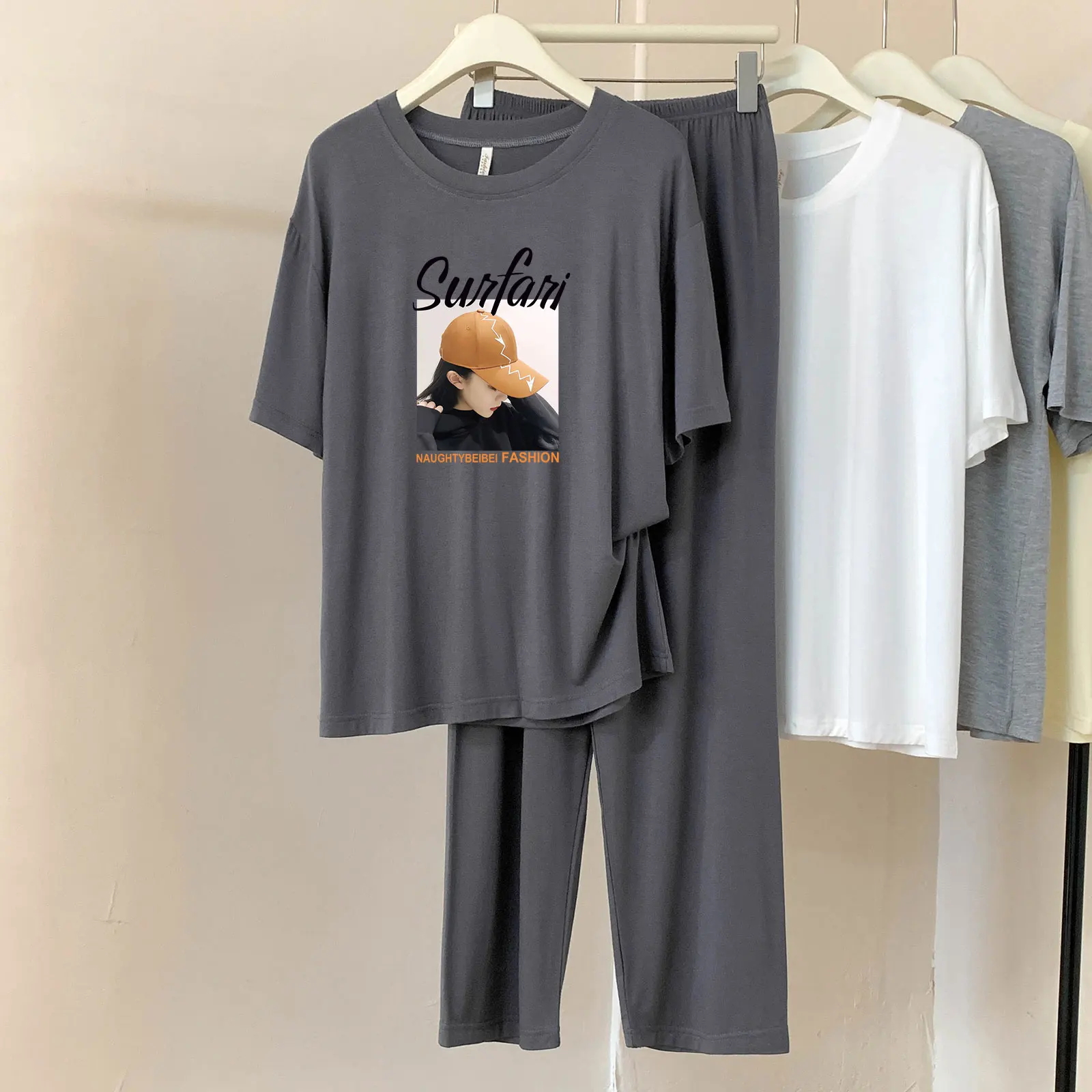 

DC122 # Женский пижамный комплект из двух предметов с короткими рукавами из модала и кролика с мультяшным принтом, весенний комплект