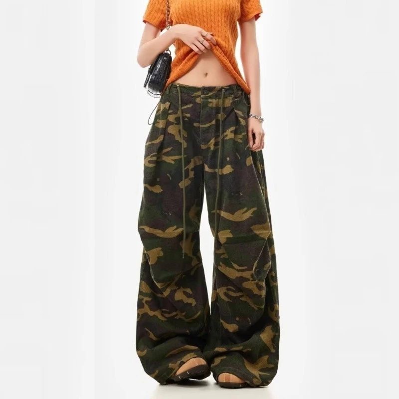 

Лето 2023, новые американские плиссированные камуфляжные джинсы в стиле ретро, унисекс, повседневные повседневные прямые джинсовые брюки с завязками для десантника