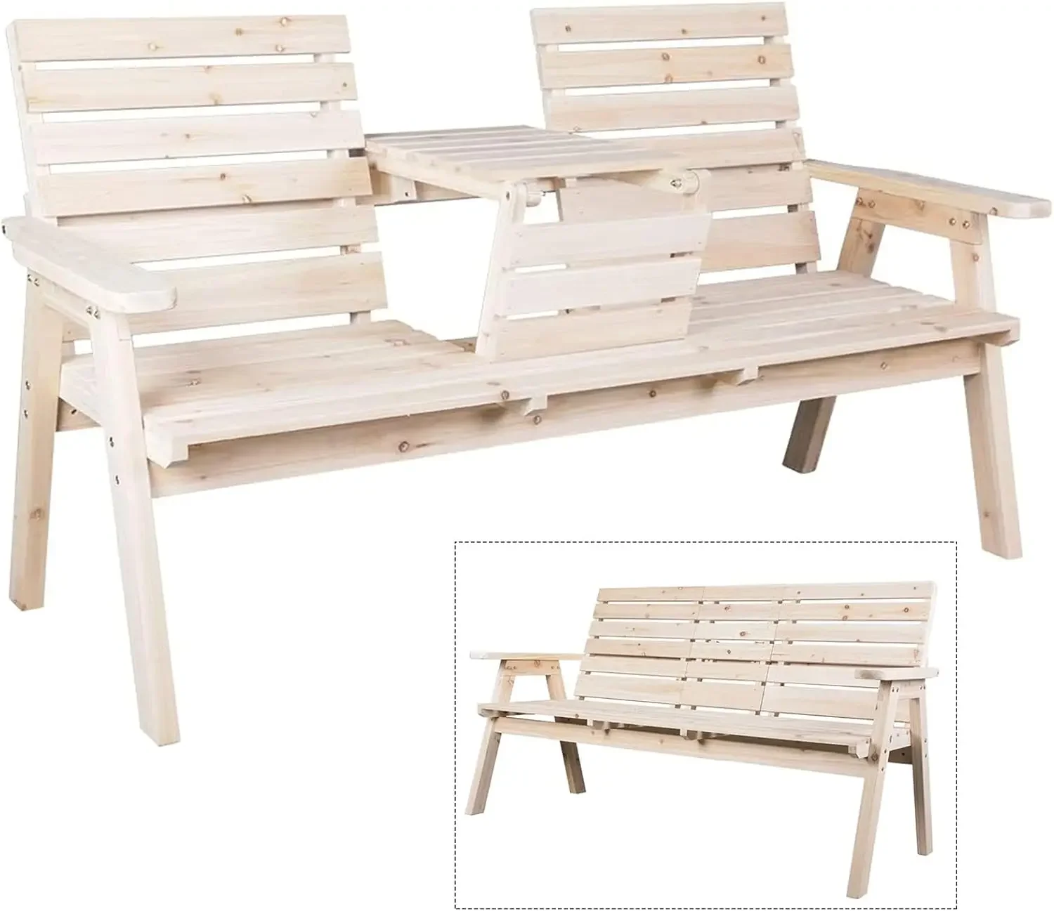 Log Wood Patio Garden Bench with Foldable Table, Outdoor Wooden Porch 3-Seat Bench Chair for Garden Balcony Patio Back