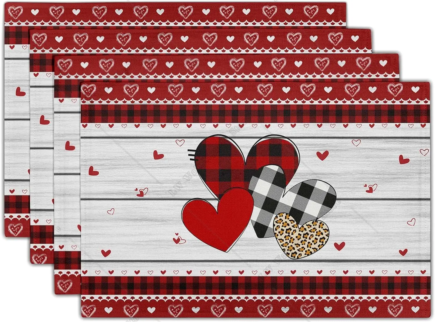 Valentines Day Placemats Set of 4 Red Plaid Heart White Wood Linen Washable Kitchen Table Mat Heat-Resistant Place Mats 12x18 in