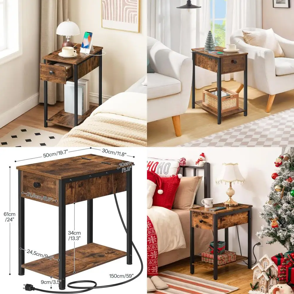 

Прикроватная тумбочка с зарядной станцией, тонкий приставной столик, компактный прикроватный столик для хранения, идеально подходит для небольших помещений, гостиной и спальни