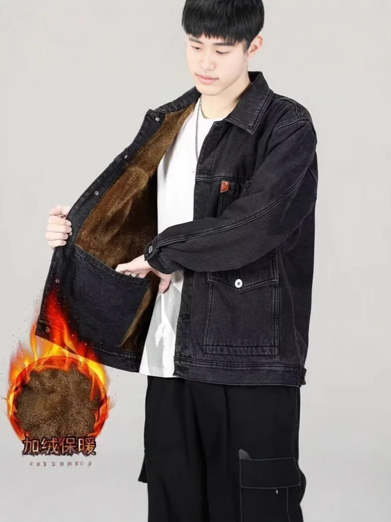 سترة رجالي دافئة مبطنة بالصوف بجيوب متعددة معطف شتوي سميك من قماش الدنيم ملابس عمل فضفاضة مقاس كبير متينة مقاومة للأوساخ #2