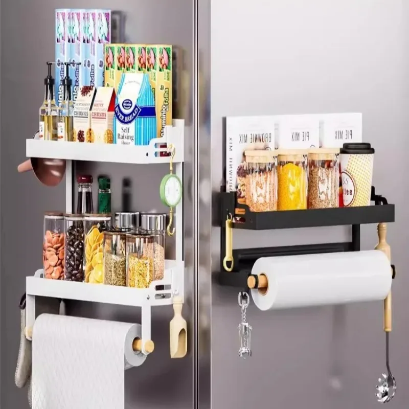 agnetic Refrigerator Shelf Spice Rack with Paper Roll Holder Kitchen Supplies Organizer Hooked Storage for Kitchen