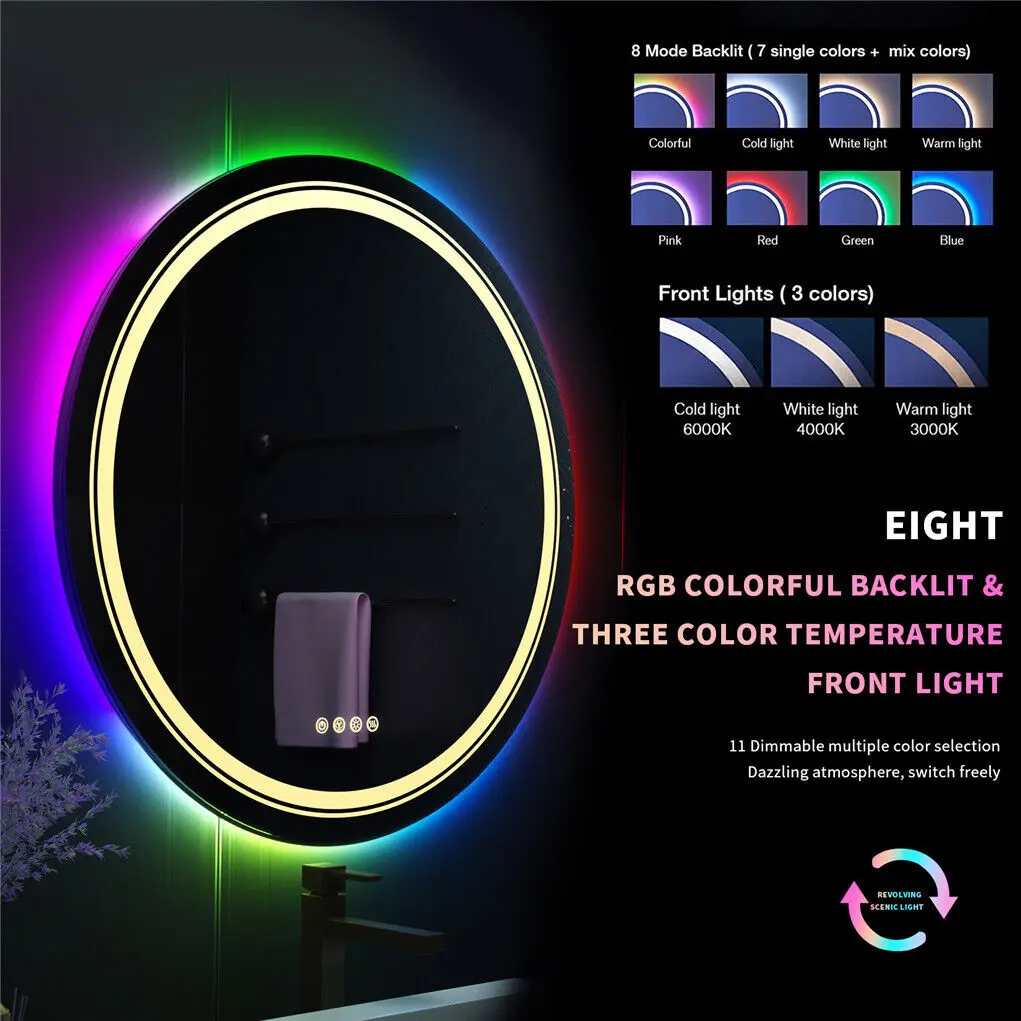 LUVODI 80cm Round RGB Bathroom Mirror with LED Light 8 Color Backlits Dimming Defog Bar Mirror