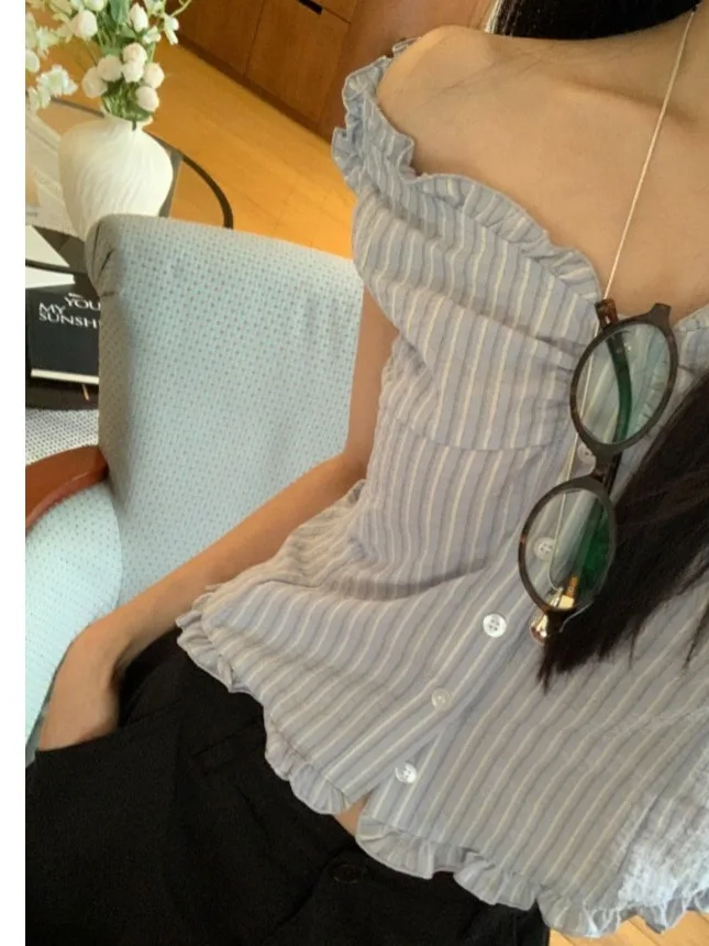 Korean Style  Striped Women's Summer Pure Desire Single Button Lock Clavicle Small Size Vest Outerwear Small Shirt