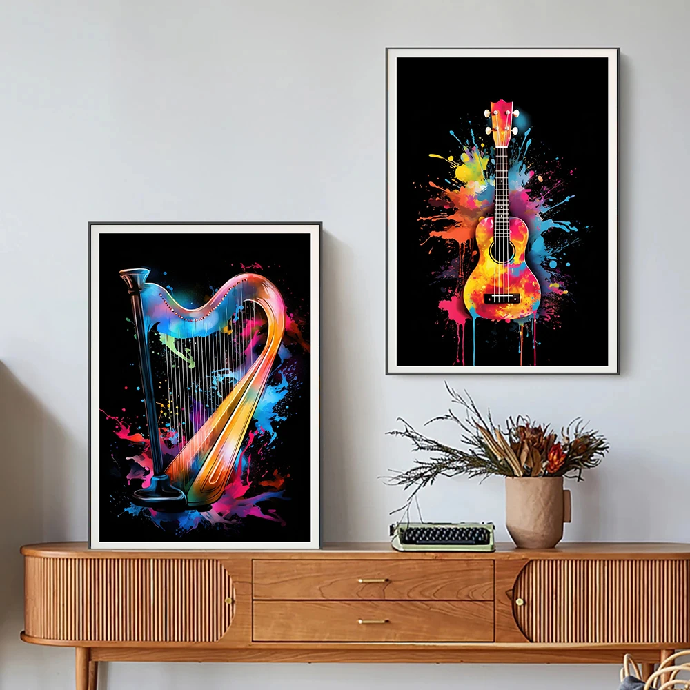 Musical Instruments Violin Harp Saxophone Ukulele Poster Print Wall Art Pictures Canvas Painting Living Room Bedroom Home Decor