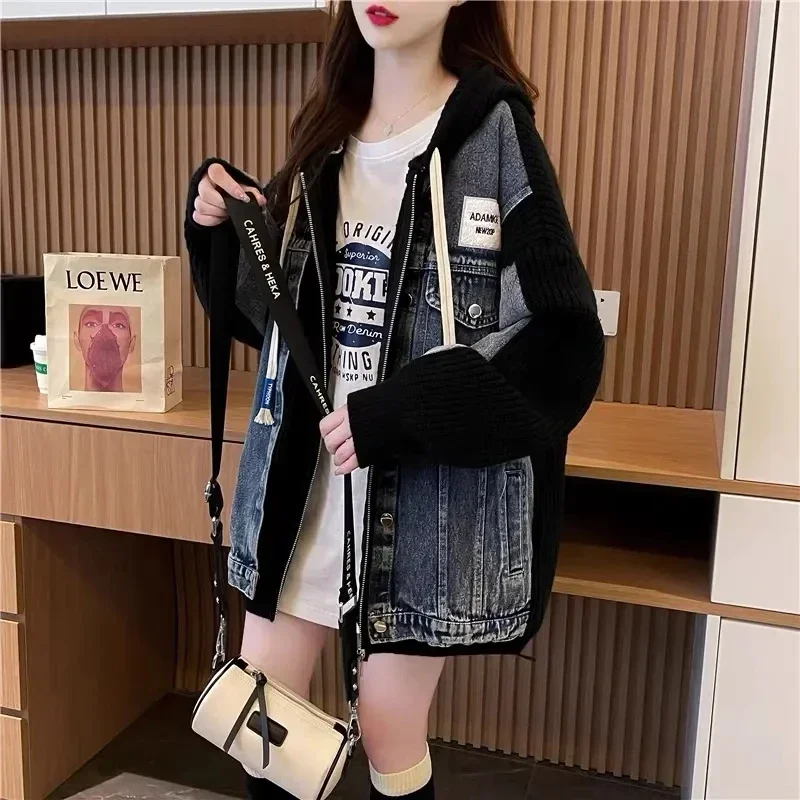 Knitted Cardigan Jacket Women Autumn Winter Korean Version  Fashion Cowboy Splicing Appear Thin Ladies Hooded Sweater Coat A590