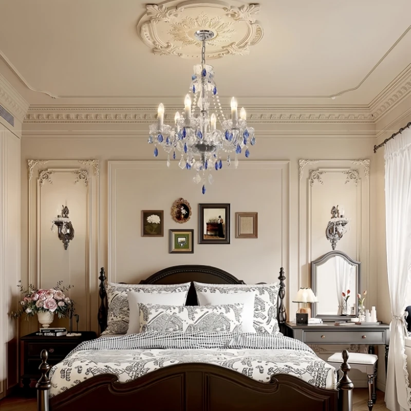 French Blue Romantic Crysatl Chandeliers Light Luxury Glass Living Room Art Decor Candle Pendant Lights Lighting Bedroom Lamps