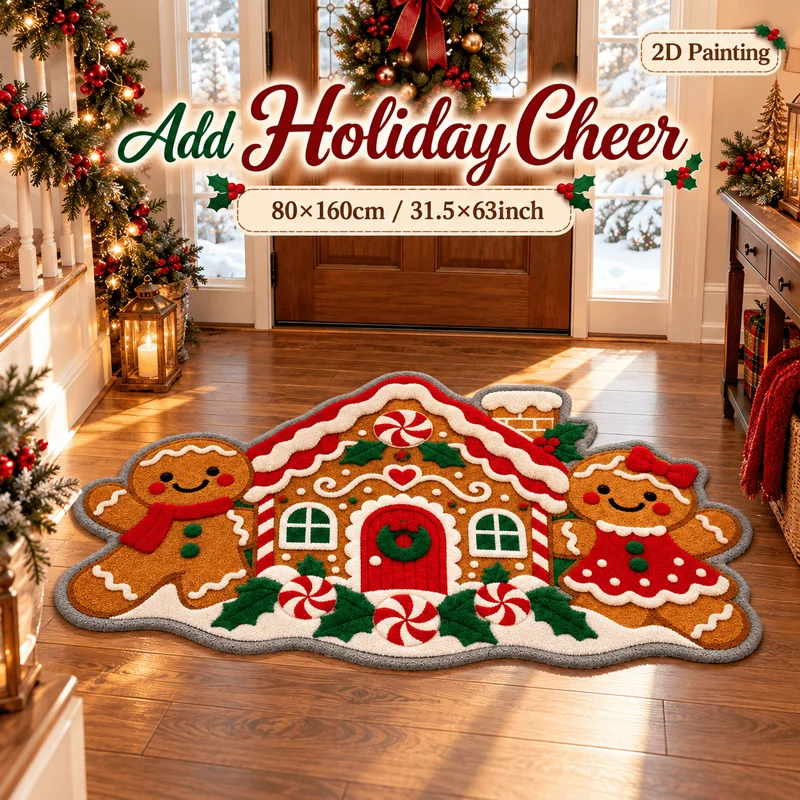 VIKAMA Christmas Gingerbread House Rug, Soft Plush Rug with Odd-Shaped Gingerbread Men and Candy Canes, Entryway Rug, Home Decor