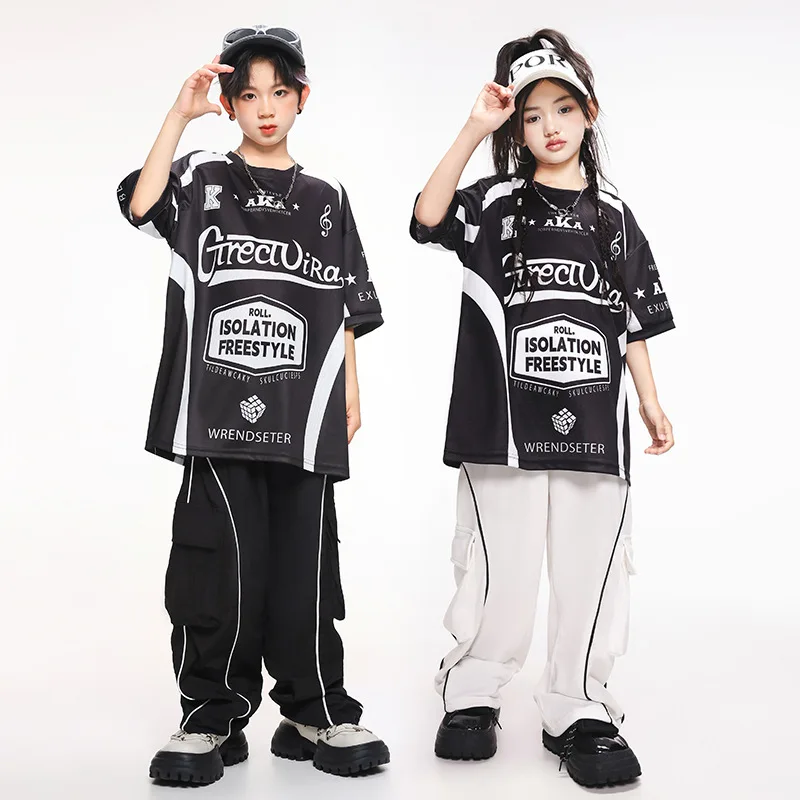 

Kid Hip Hop Clothing Black Letters Print T Shirt White Casual Pockets Sweat Pants for Girl Boy Jazz Dance Wear Costumes Clothes